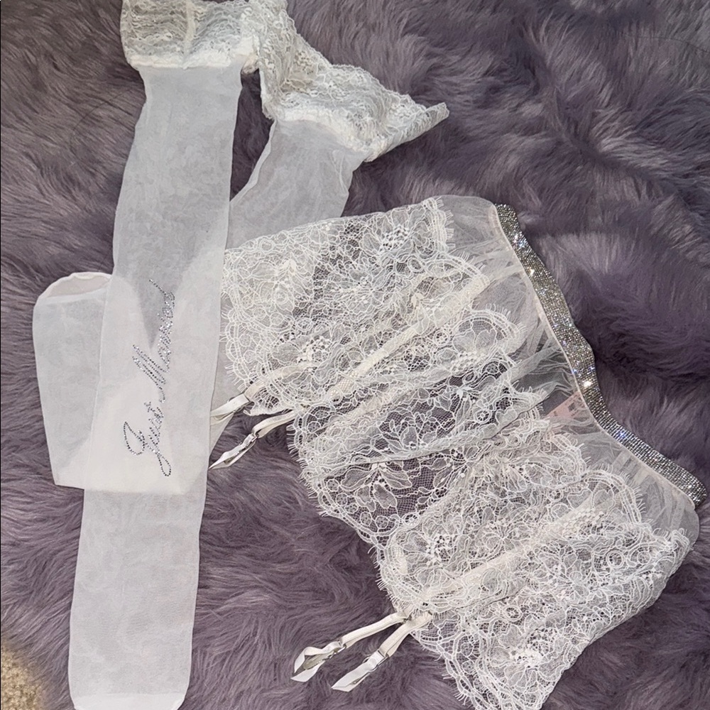 White Lace Skirt and Just Married Stockings